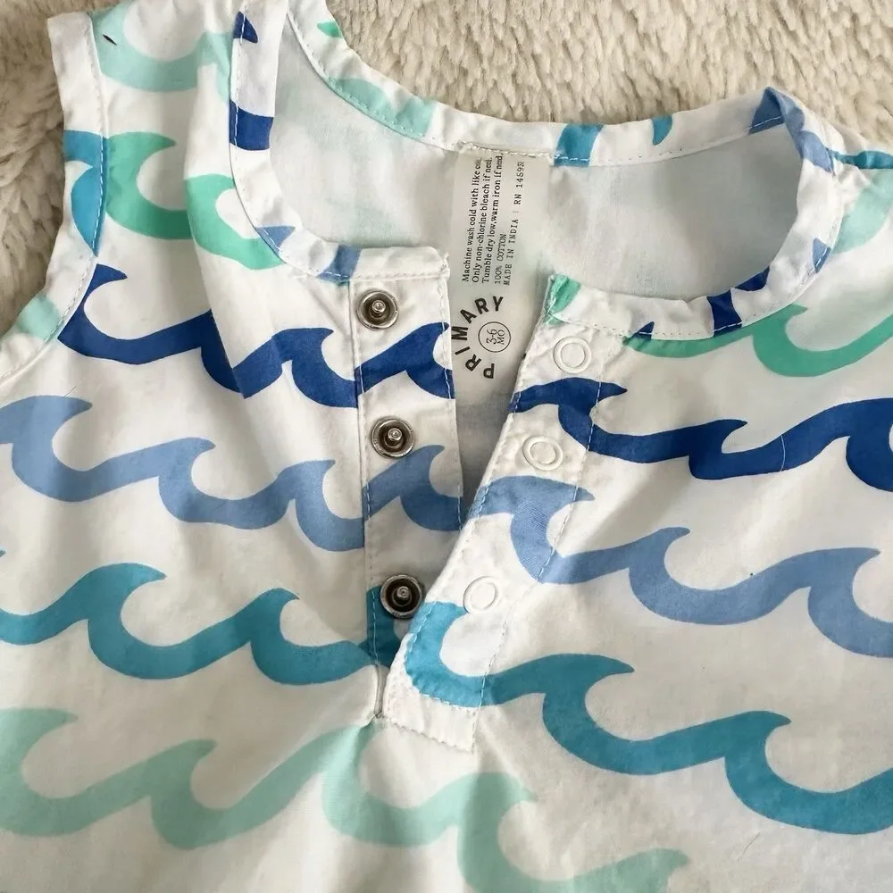 Primary Baby 0-3 Month Henely Tank Shortie In Sea Wave Summer Outfit Snap Cotton